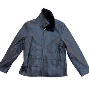 BLASSPORT Women's Vintage Designer Genuine Leather Faux Fur Collar Jacket XL‌‌‌